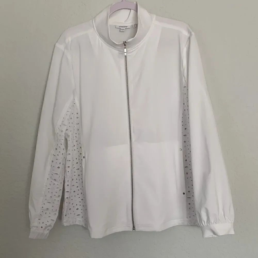 Chico’s Collared Full Zip White Eyelet Lightweight Women’s Jacket Size 3/14